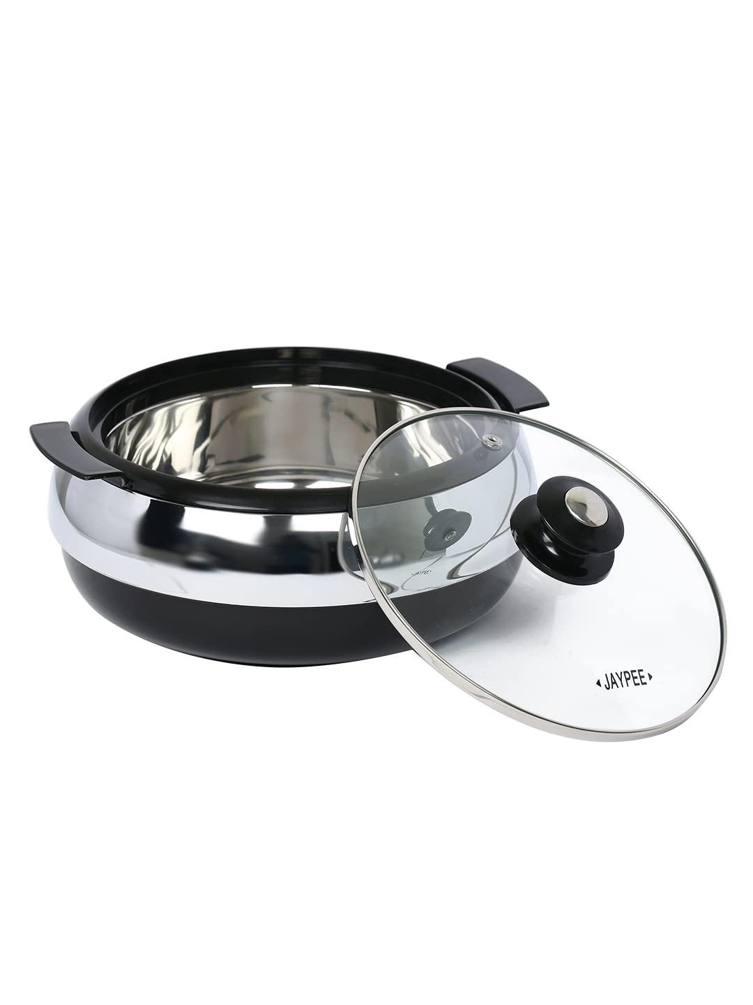 Jaypee Glasserol Serving Casserole Set of 3 Inner Stainless Steel Toughened Glass Lid PUF Insulated Hot Box | Roti Box | Easy to carry | Food Grade | Stackable | 800,1200,1700 ml, Black