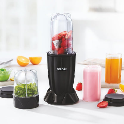Borosil 400W Nutrifresh Black Blender | 2 Jars (500ml Direct Drink/Smoothie Jar + 300ml Chutney Jar) | Made in India Blender | Stainless Steel Blade, Compact Design | 2 Year Warranty