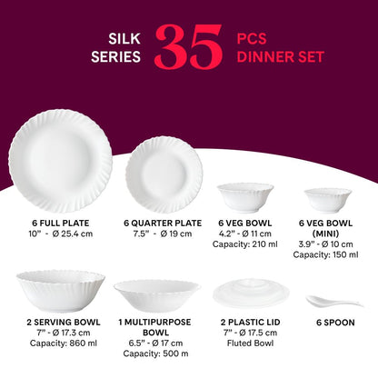 Larah by Borosil Leona Silk Series Opalware Dinner Set | 35 Pieces for Family of 6 | Microwave & Dishwasher Safe | Bone-Ash Free | Crockery Set for Dining & Gifting | Plates & Bowls | White