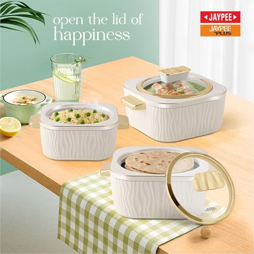 JAYPEE Crinkle Klass Inner Stainless Steel Casserole Set of 3(1000+1500+2000) ml PUF Insulated Gold Finish Handle Lockable Lid BPA Free Hot Box for Kitchen Roti Box Hot Pot Serving Casserole,White|B0GN2GCCRS