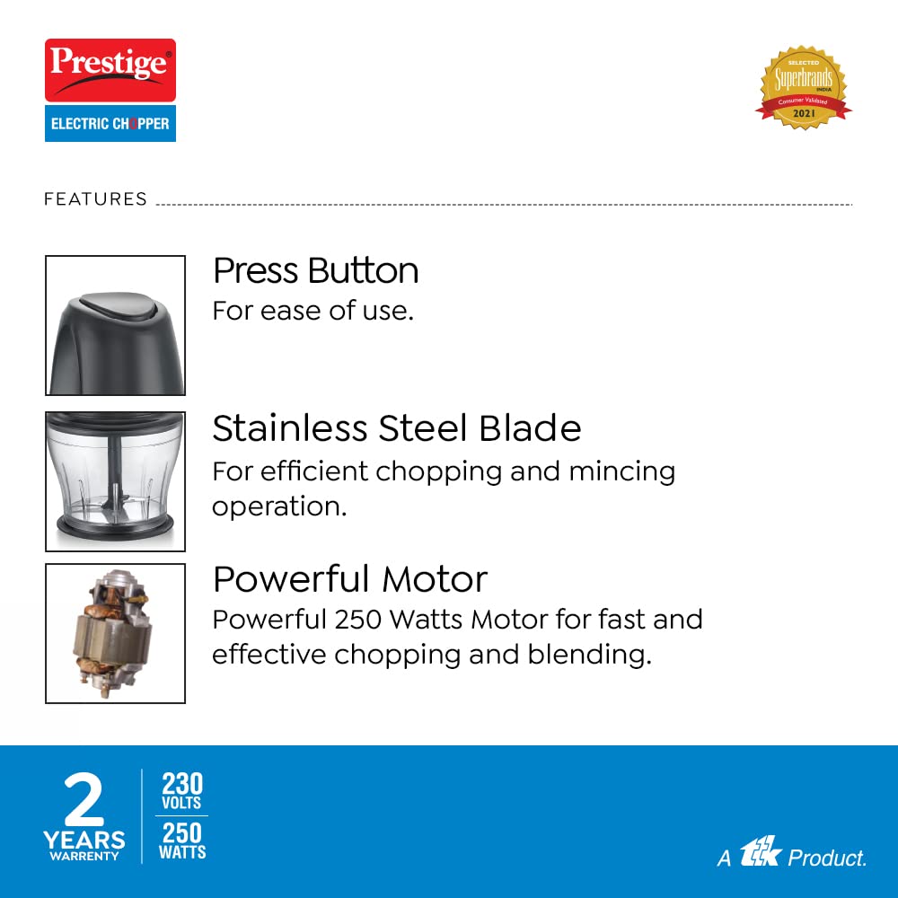 Prestige Pec 4.0 Multi-Purpose Electric Chopper 250 Watts (Black,Polycarbonate Jar)