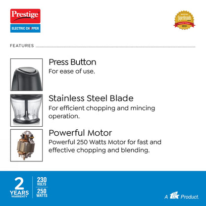 Prestige Pec 4.0 Multi-Purpose Electric Chopper 250 Watts (Black,Polycarbonate Jar)