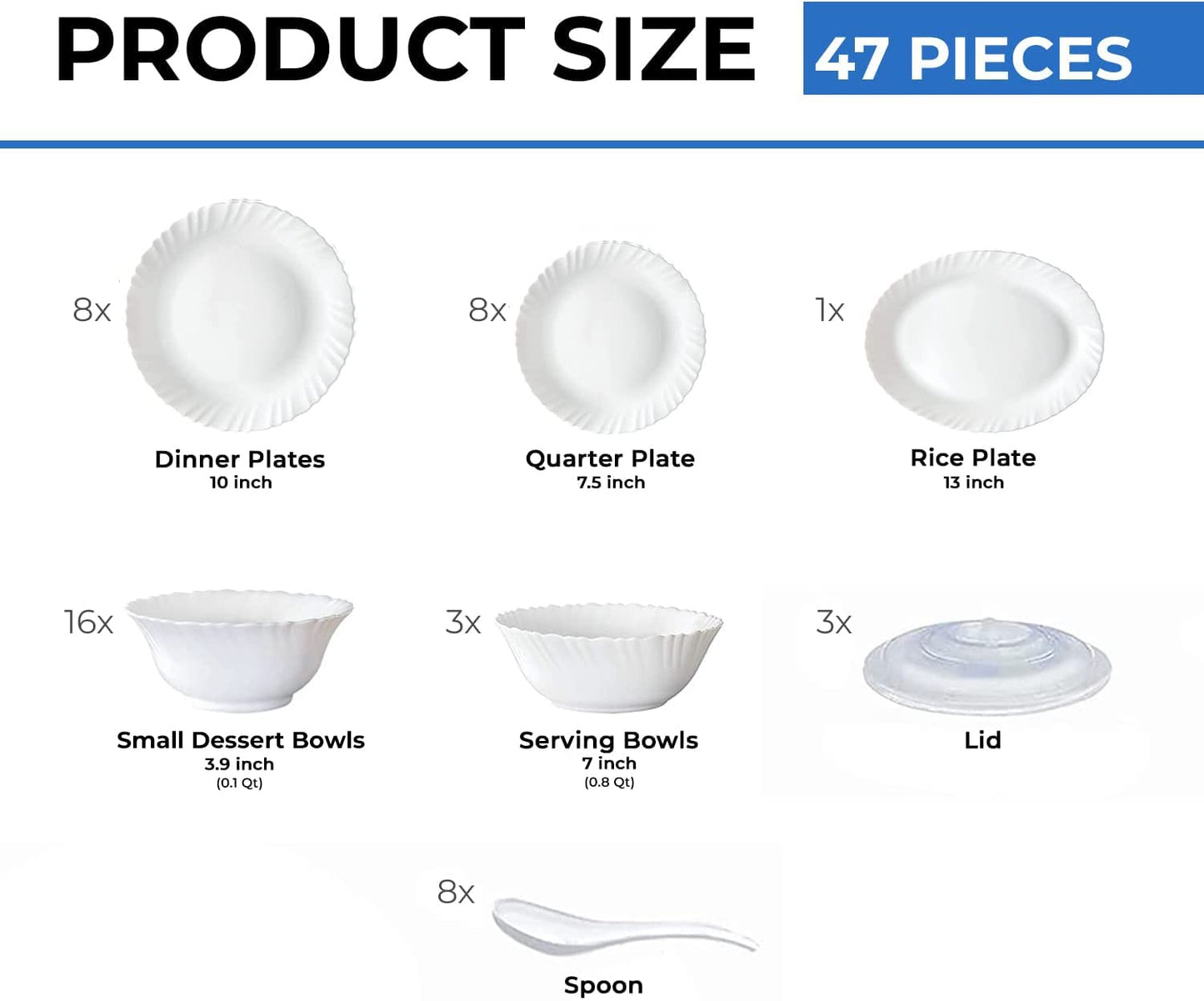 Larah by Borosil Plain White Silk Series Opalware Dinner Set | 47 Pieces for Family of 8 | Microwave & Dishwasher Safe | Bone-Ash Free | Crockery Set for Dining & Gifting | Plates & Bowls | Snow
