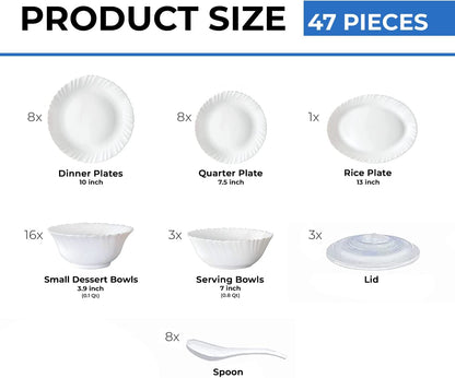 Larah by Borosil Plain White Silk Series Opalware Dinner Set | 47 Pieces for Family of 8 | Microwave & Dishwasher Safe | Bone-Ash Free | Crockery Set for Dining & Gifting | Plates & Bowls | Snow
