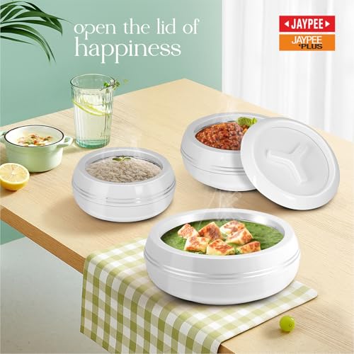 JAYPEE Teen Bhoj Inner Stainless Steel Casserole Set of 3|Lockable Lid|BPA Free|Roti Box|Easy to Carry|Food Grade| Rust Free Casserole for roti 1200,1500,2500 ml| Best for Gifting Purpose,Super White|B078H9VTN2