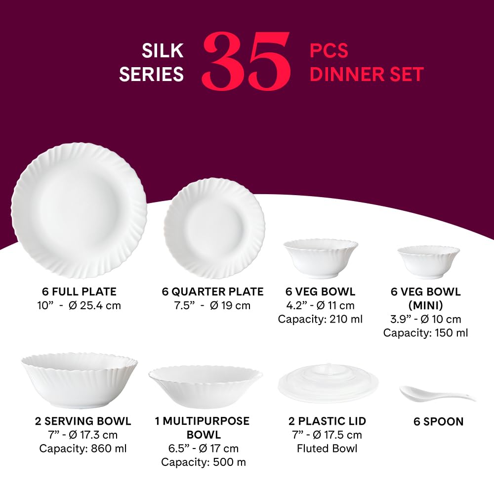 Larah by Borosil Plain White Silk Series Opalware Dinner Set | 35 Pieces for Family of 6 | Microwave & Dishwasher Safe | Bone-Ash Free | Crockery Set for Dining & Gifting | Plates & Bowls | White
