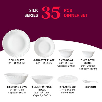 Larah by Borosil Plain White Silk Series Opalware Dinner Set | 35 Pieces for Family of 6 | Microwave & Dishwasher Safe | Bone-Ash Free | Crockery Set for Dining & Gifting | Plates & Bowls | White