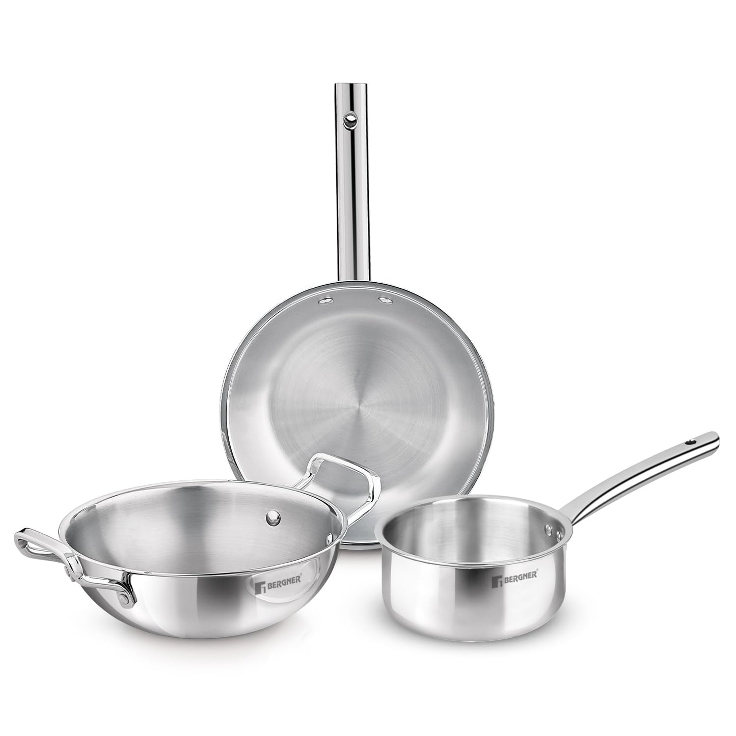 Bergner TriPro 3 Pcs Tri-Ply Stainless Steel Induction Bottom Cookware Set - 22cm (2L) Kadai and 22cm (1L) Frypan, 14cm (1.1L) Teapan, Less Oil Use, Easy to Clean - Induction and Gas Stove Ready