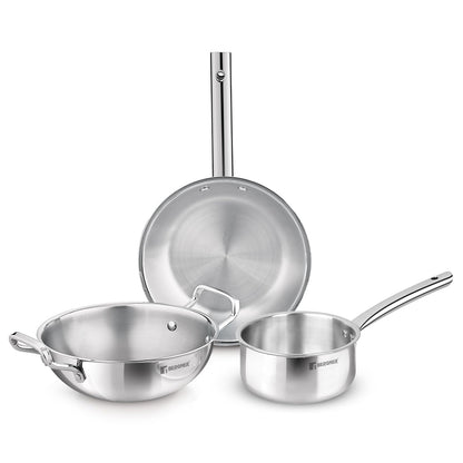 Bergner TriPro 3 Pcs Tri-Ply Stainless Steel Induction Bottom Cookware Set - 22cm (2L) Kadai and 22cm (1L) Frypan, 14cm (1.1L) Teapan, Less Oil Use, Easy to Clean - Induction and Gas Stove Ready