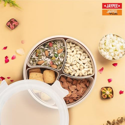 JAYPEE Sapor Plastic Airtight Serving Dry Fruit Container Set of 4-1600 ml with Round Box Removable Container Leakproof with Silicon Seal Transparent Dry Food Box Diwali Gift Pack, Beige|B0G2YHHPS5