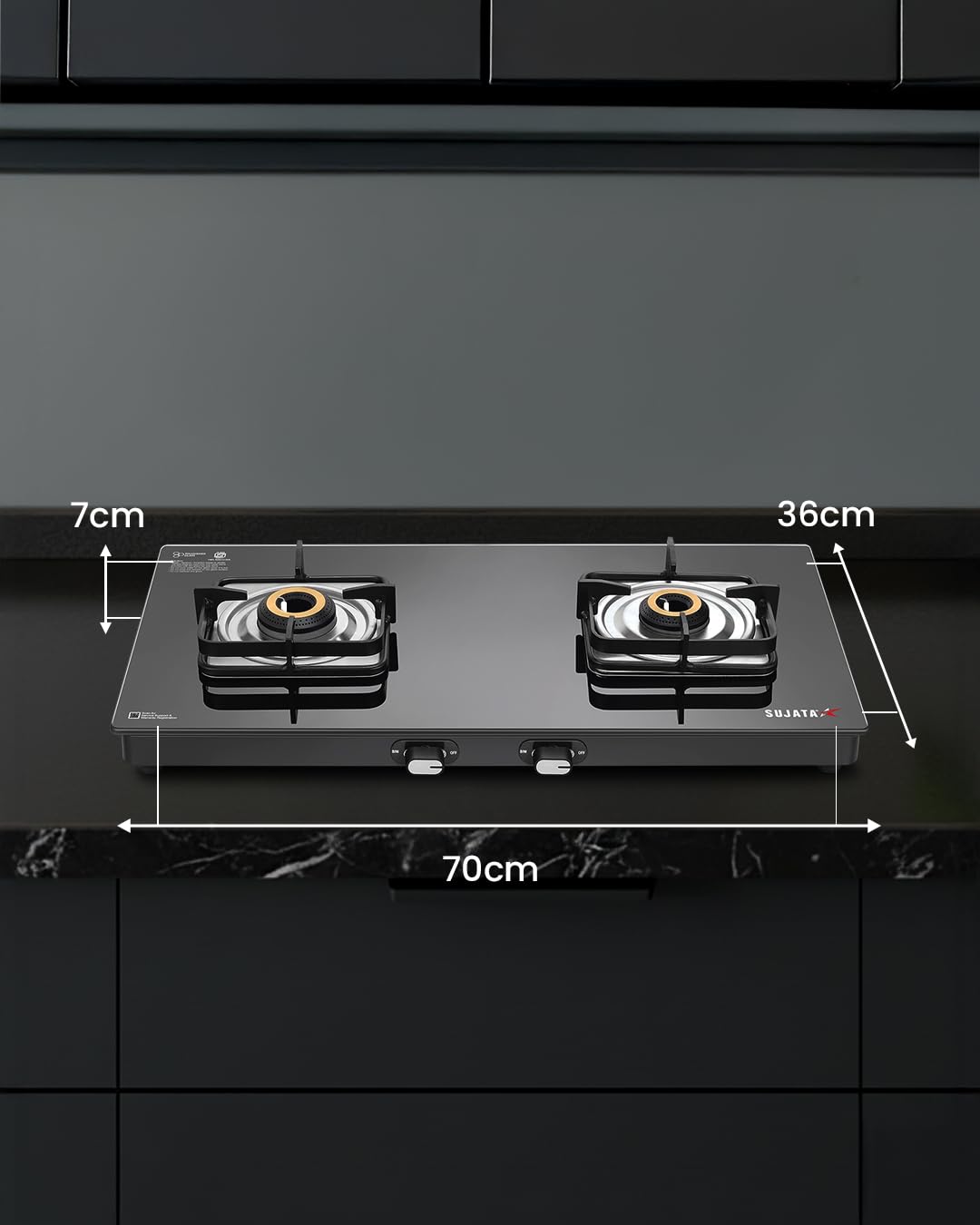 Sujata Gas stove 2 Burners Glass Top | Classic Gas stove Auto Ignition | 9 Years Warranty | 2 Burner Gas Stove | ISI Certified | LPG & PNG Compatible, Brass Burner (Black)