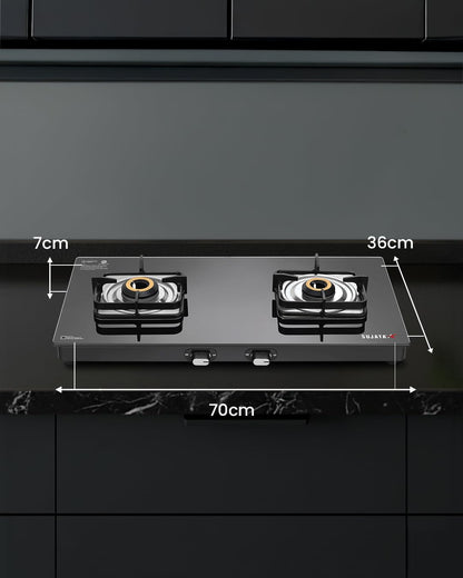 Sujata Gas stove 2 Burners Glass Top | Classic Gas stove Auto Ignition | 9 Years Warranty | 2 Burner Gas Stove | ISI Certified | LPG & PNG Compatible, Brass Burner (Black)
