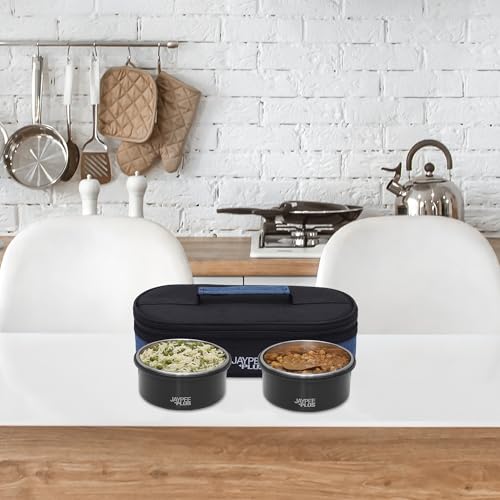 Jaypee Plus Microplus 400 ml Each Stainless Steel Office Lunch Box | BPA Free, Microwave Safe & Spillproof Airtight 2 Containers | Including Insulated Bag | Ideal for College & School (Black)|B0DC4GDX6F