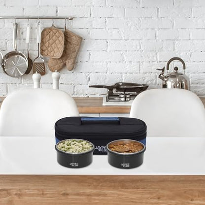 Jaypee Plus Microplus 400 ml Each Stainless Steel Office Lunch Box | BPA Free, Microwave Safe & Spillproof Airtight 2 Containers | Including Insulated Bag | Ideal for College & School (Black)|B0DC4GDX6F