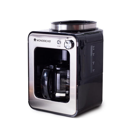 Wonderchef Regalia Bean-to-Cup Brew Coffee Maker with Grinder | Grind Coffee Beans | Get Fresh Aromatic Powder | Brew 4 cups | Glass Carafe | Easy Control Dial | 2 Years Warranty | Steel
