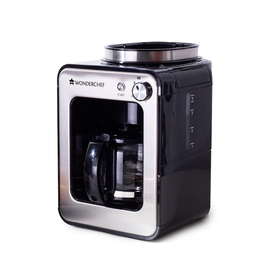 Wonderchef Regalia Bean-to-Cup Brew Coffee Maker with Grinder | Grind Coffee Beans | Get Fresh Aromatic Powder | Brew 4 cups | Glass Carafe | Easy Control Dial | 2 Years Warranty | Steel