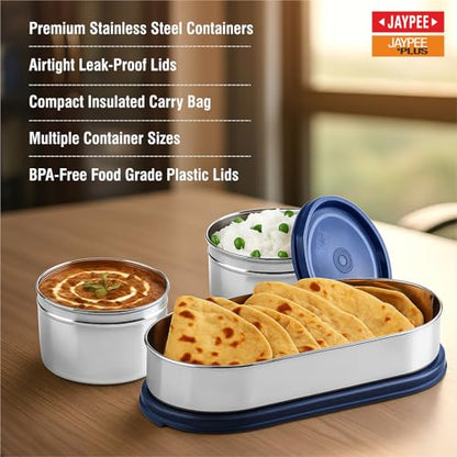 Jaypee Plus Basix Lunch Box for Office 1300 ml 3 Containers (1-450 ml, 2-400 ml) Air Tight Leakproof Stainless Steel Container with Bag | BPA Free | Easy to wash | Ideal for College & School, Blue|B0FSL7SYQD