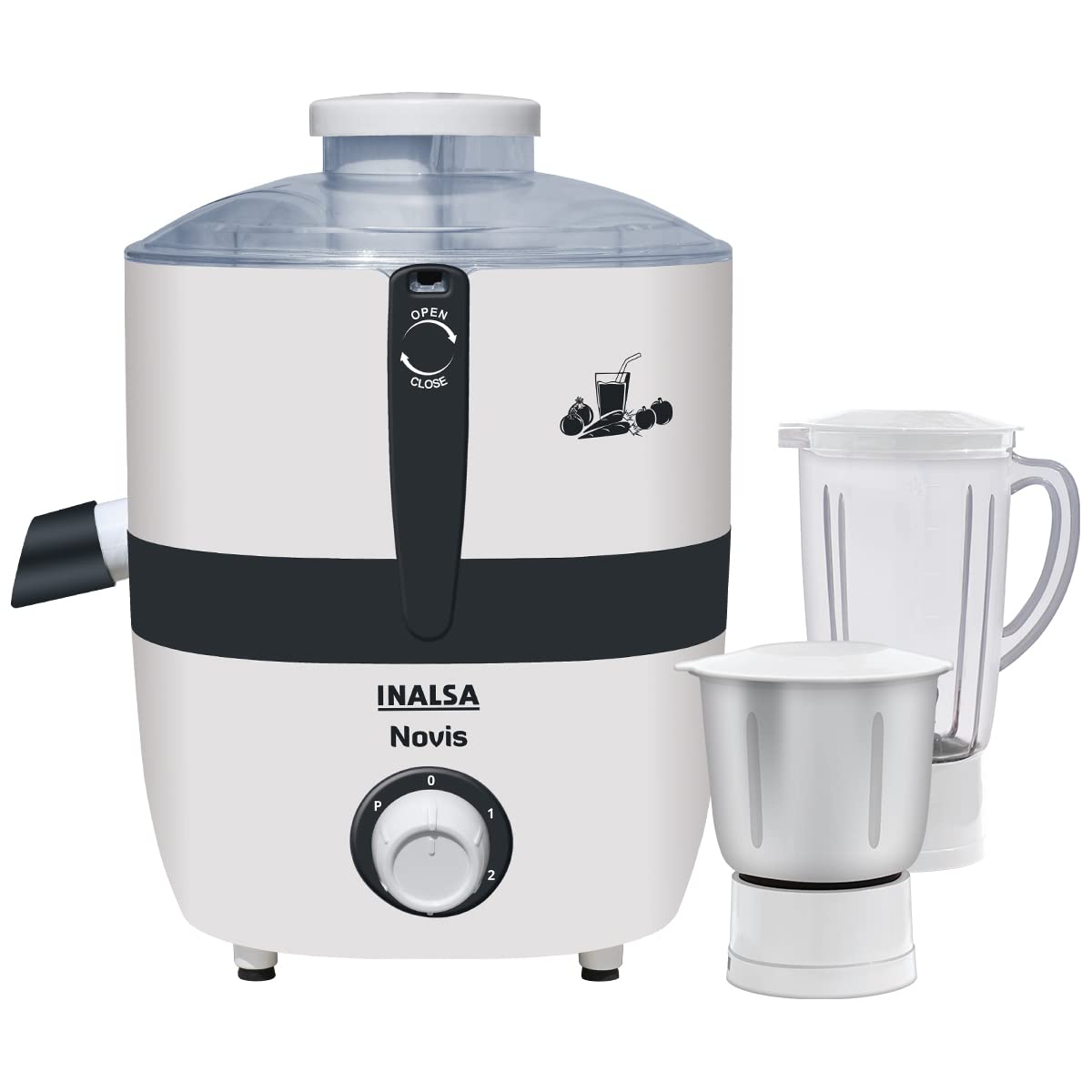Inalsa Juicer Mixer Grinder 500W- Novis with 2 Jars|1.5L Blender Jar,0.7L SS Multipurpose Jar|Nozzle Cap|Shockproof Body Design,Overload Protection for Safety|ISI Marked, Made In India, White, Medium