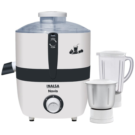 Inalsa Juicer Mixer Grinder 500W- Novis with 2 Jars|1.5L Blender Jar,0.7L SS Multipurpose Jar|Nozzle Cap|Shockproof Body Design,Overload Protection for Safety|ISI Marked, Made In India, White, Medium