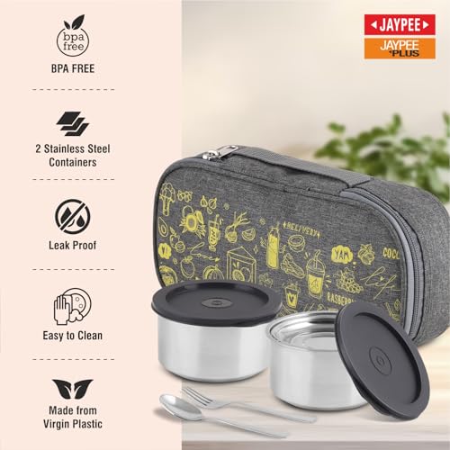 Jaypee Plus Magicseal Stainless Steel 2 Container Office Lunch Box 350 ml Each with Steel Dish & Insulated Washable Bag Spillproof Leakproof Lunch Box for Man & Women Airtight Tiffin Box,Grey|B0GGJR9HX5