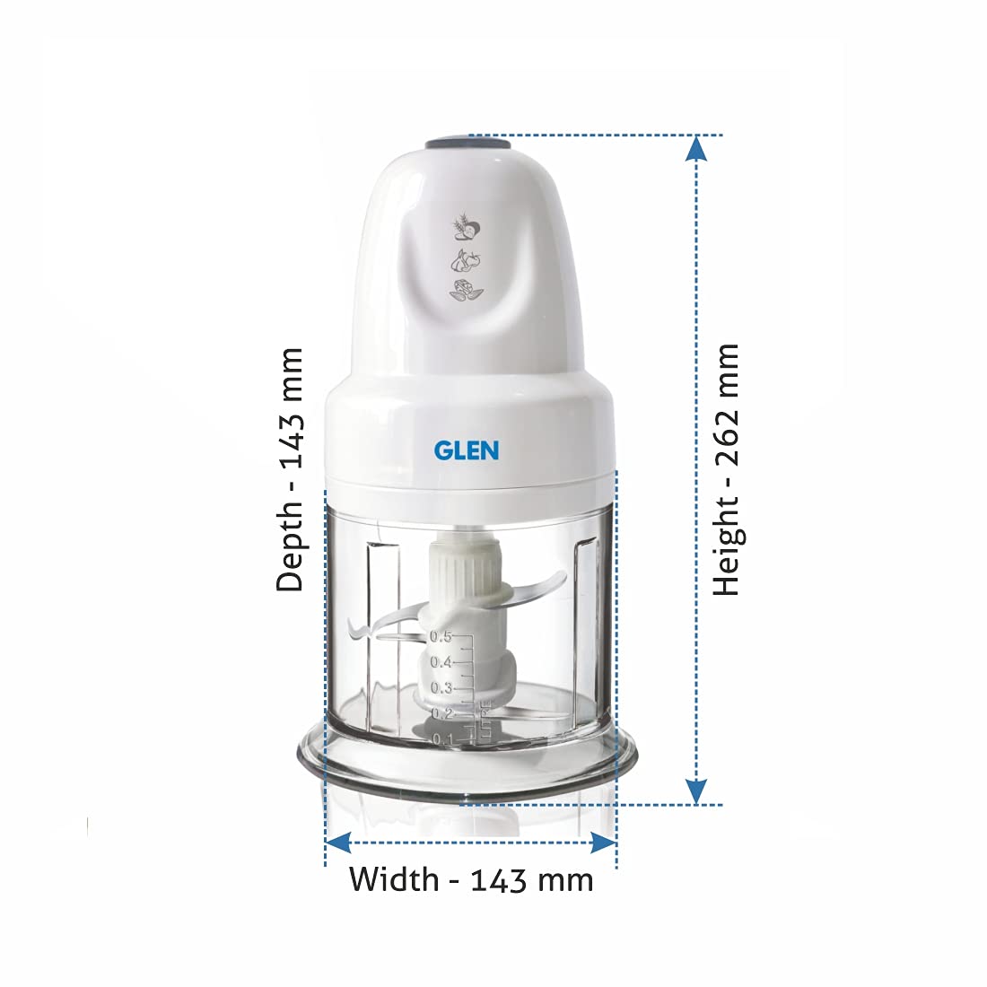 Glen Electric Chopper 200W Including 2 Stainless Steel Blade, 1 Jar with Whisking Disc 500ml Bowl (4043 Turbo, White)
