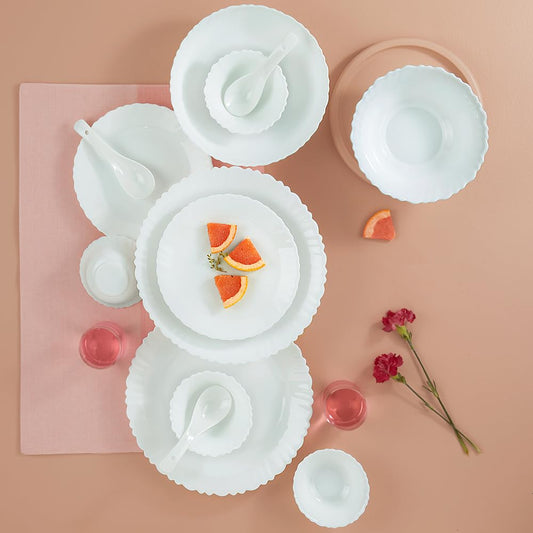 Larah by Borosil Plain White Silk Series Opalware Dinner Set | 35 Pieces for Family of 6 | Microwave & Dishwasher Safe | Bone-Ash Free | Crockery Set for Dining & Gifting | Plates & Bowls | White