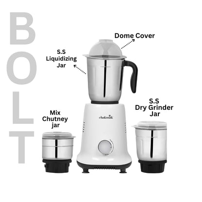 Chakmak Bolt Mixer Grinder 500W With 3 Multipurpose Jar | Chutney Making | Dry Grinding | Wet Grinding | Blender Mixer | Steel Jar Capacity 1250ml, 700ml, 400ml | 2 Year Warranty