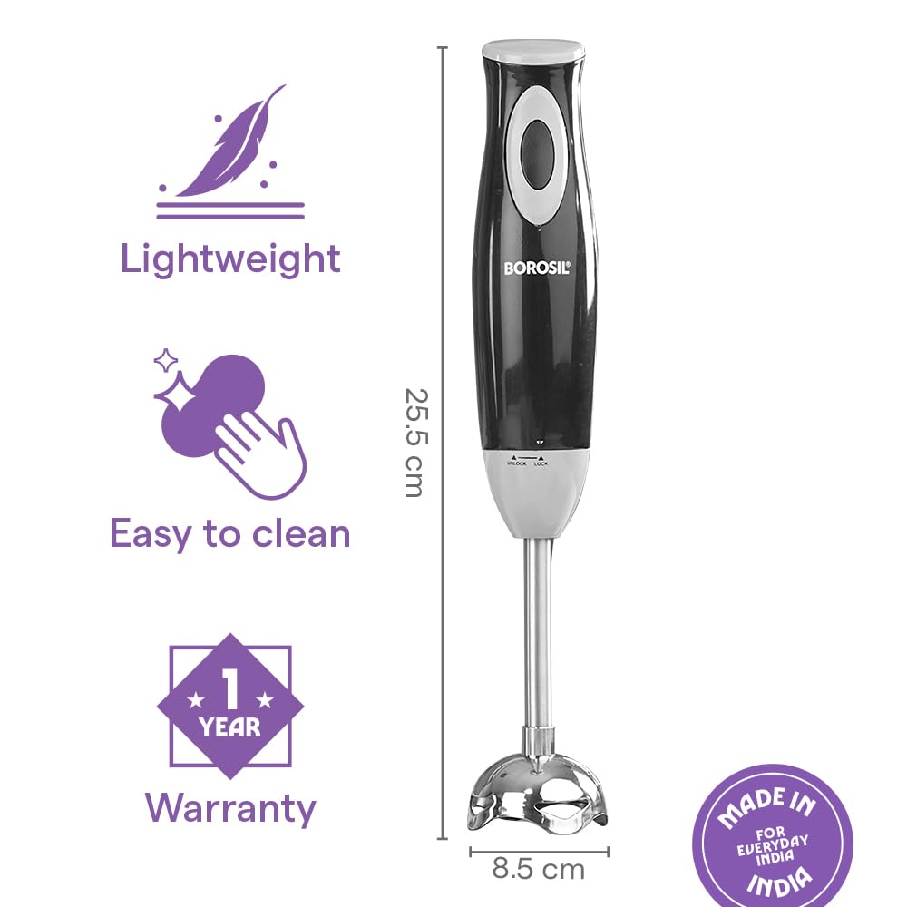 Borosil Smartblend Hand Blender with 800ml Beaker | 300W Silent DC Motor, Detachable & Washable Blending Rod | Stainless Steel Stem for Hot/Cold Blending, Anti Splash | 1 Year Warranty