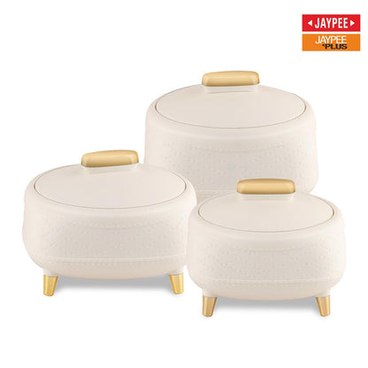 JAYPEE Kingston Stitched Leather Luxurious Outer & Inner Stainless Steel Casserole Set of 3 with Lid (1500+2000+2500) ml PUF Insulated Hot Box for Kitchen Roti Box Hot Pot Serving Casserole,White