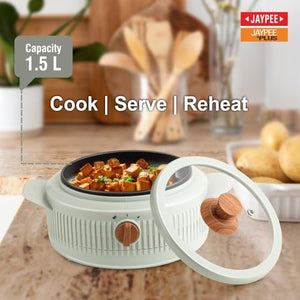 Jaypee Plus Electric CookSmart Casserole with Teflon NonStick Coating Bowl for Reheating & Cooking, Serving Casserole Wooden Finish Lid & Regulator Knob Toughened Glass Lid, 1500 ml, Blue