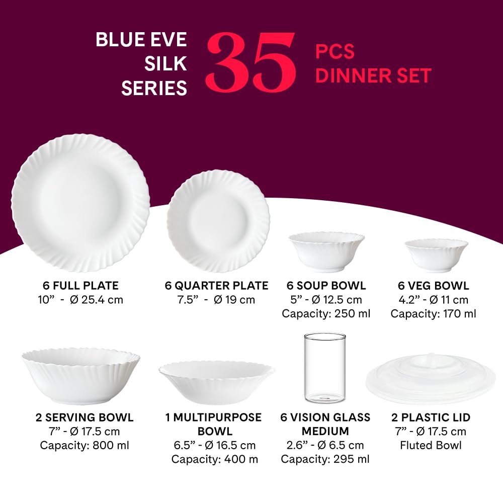 Larah By Borosil Blue Eve Silk Series Opalware Dinner Set with Glasses, 35 Pieces for Family of 6, Microwave & Dishwasher Safe, Bone-Ash Free, Crockery Set for Dining & Gifting, Plates & Bowls, White