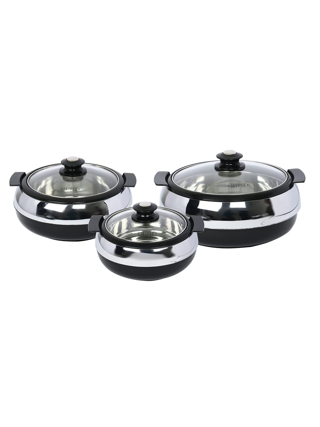 Jaypee Glasserol Serving Casserole Set of 3 Inner Stainless Steel Toughened Glass Lid PUF Insulated Hot Box | Roti Box | Easy to carry | Food Grade | Stackable | 800,1200,1700 ml, Black