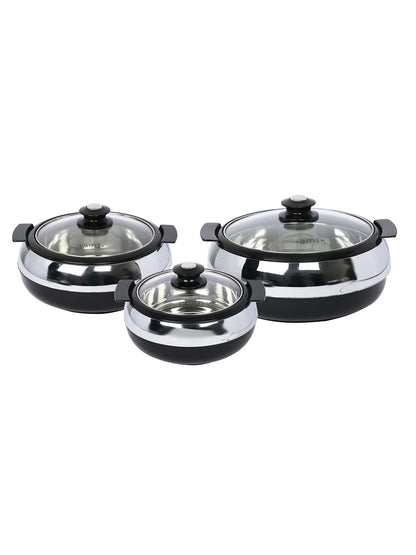 Jaypee Glasserol Serving Casserole Set of 3 Inner Stainless Steel Toughened Glass Lid PUF Insulated Hot Box | Roti Box | Easy to carry | Food Grade | Stackable | 800,1200,1700 ml, Black