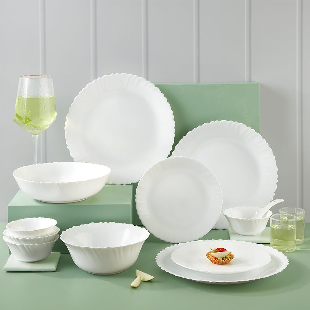 Larah by Borosil Plain White Silk Series Opalware Dinner Set | 35 Pieces for Family of 6 | Microwave & Dishwasher Safe | Bone-Ash Free | Crockery Set for Dining & Gifting | Plates & Bowls | White