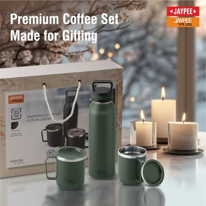 Jaypee Plus Gravitas Insulated Vacuum Stainless Steel Flask with Cup 620 ml Gift Set 2 Drinking Cup 250 ml Spilproof Mug with Non Slip Base & Airtight Lid Diwali Festival Gift Set, Green|B0FTZ527BP