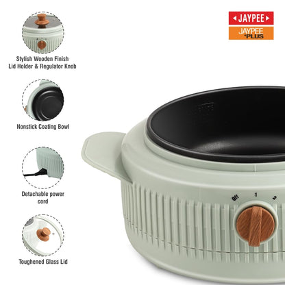 Jaypee Plus Electric CookSmart Casserole with Teflon NonStick Coating Bowl for Reheating & Cooking, Serving Casserole Wooden Finish Lid & Regulator Knob Toughened Glass Lid, 1500 ml, Blue