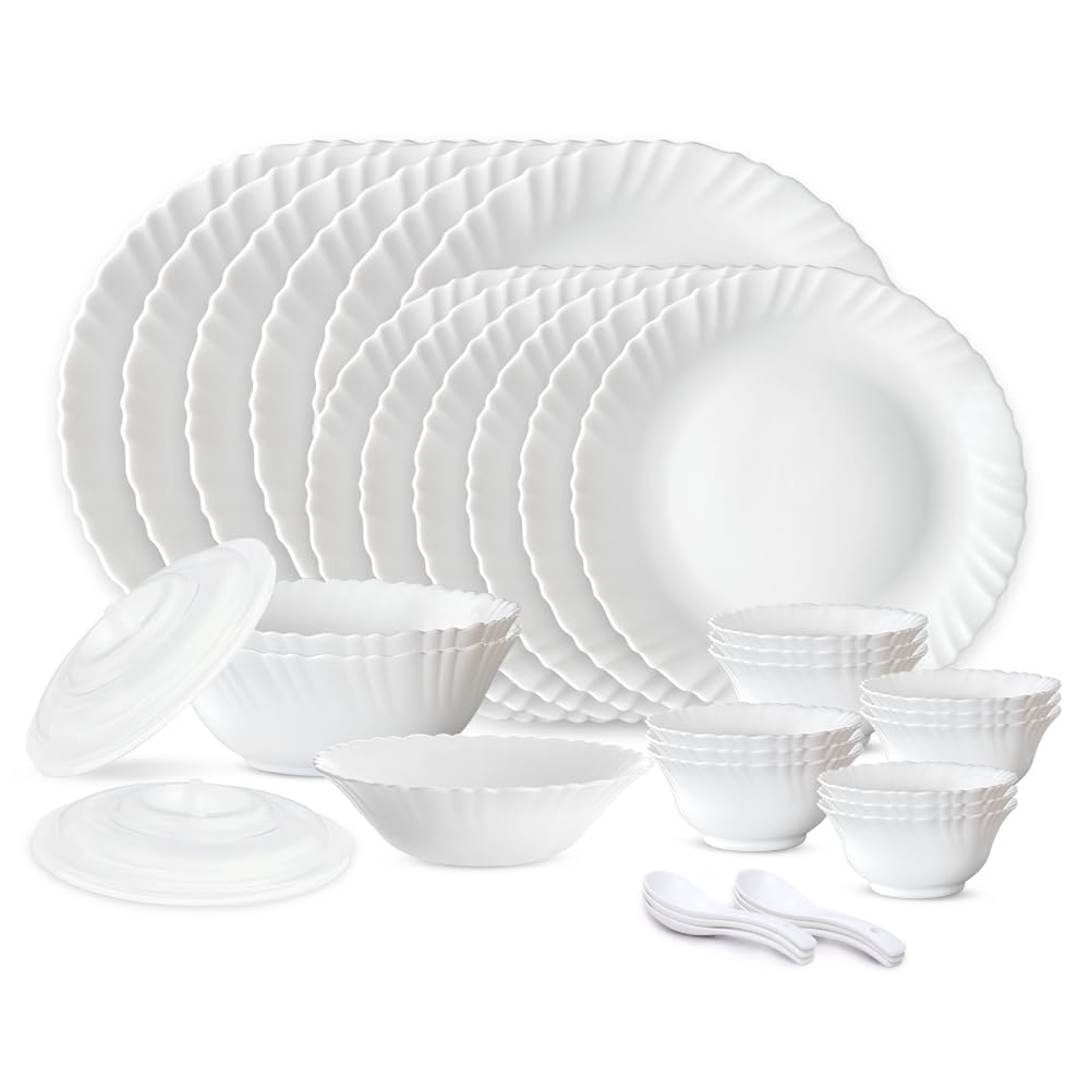 Larah by Borosil Plain White Silk Series Opalware Dinner Set | 35 Pieces for Family of 6 | Microwave & Dishwasher Safe | Bone-Ash Free | Crockery Set for Dining & Gifting | Plates & Bowls | White