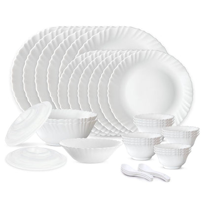 Larah by Borosil Plain White Silk Series Opalware Dinner Set | 35 Pieces for Family of 6 | Microwave & Dishwasher Safe | Bone-Ash Free | Crockery Set for Dining & Gifting | Plates & Bowls | White