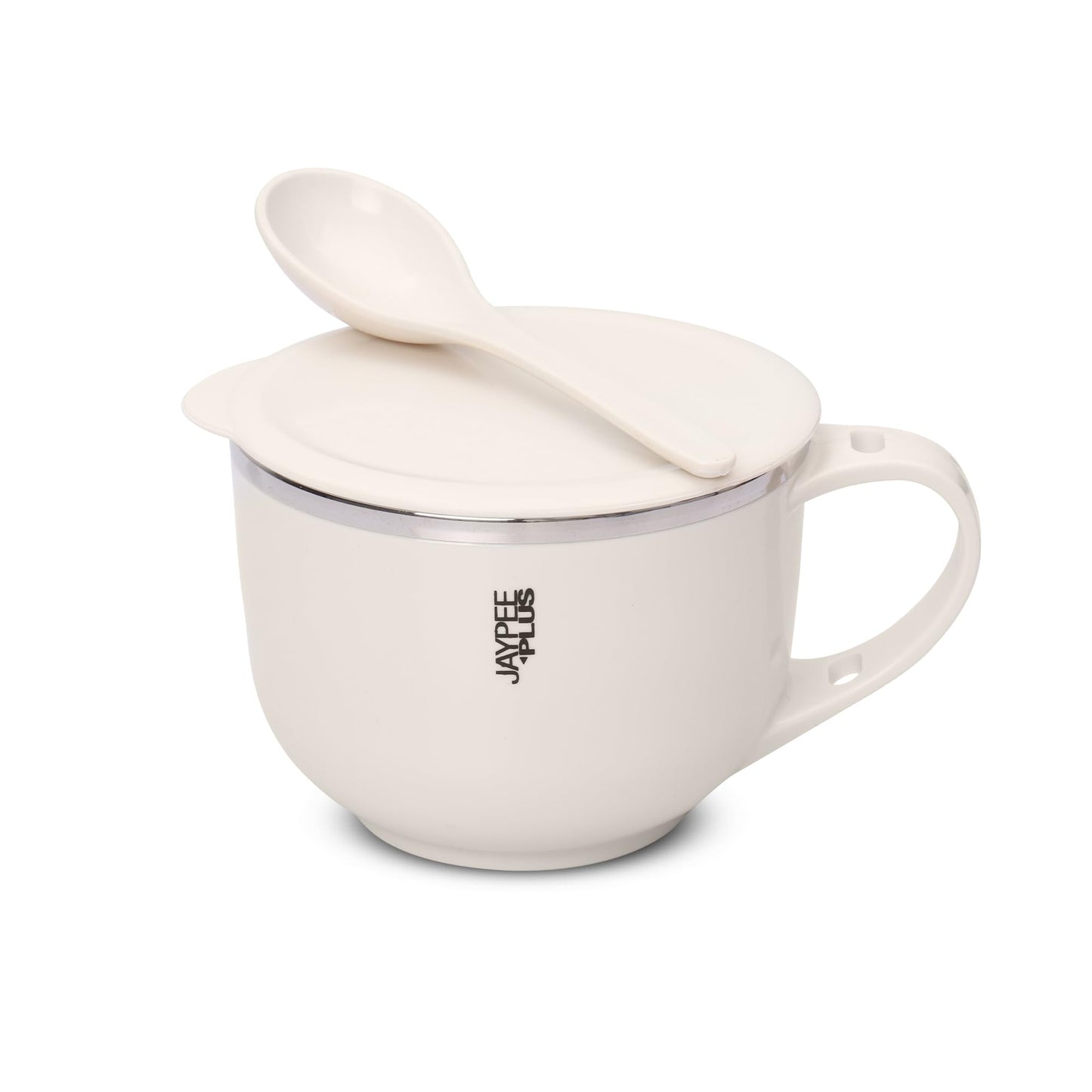 Jaypee Plus Stainless Steel Soup Bowl with Lid & Spoon Holder Souptok, Maggi Bowl Noodles Pasta Bowl, Mug for Milk, Best Diwali Gift, Mug for Kids, Girls, Boys, Birthday, Ivory 700 ml