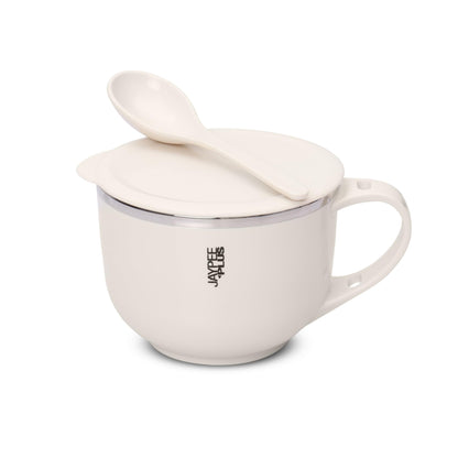 Jaypee Plus Stainless Steel Soup Bowl with Lid & Spoon Holder Souptok, Maggi Bowl Noodles Pasta Bowl, Mug for Milk, Best Diwali Gift, Mug for Kids, Girls, Boys, Birthday, Ivory 700 ml