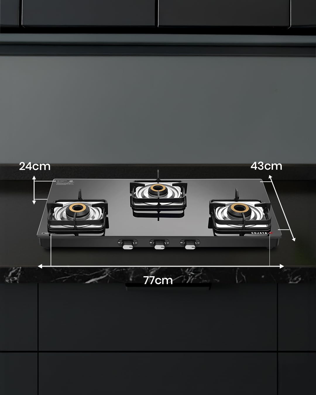 Sujata Gas Stove 3 Burner | Classic Gas Stove Manual Ignition | 9 Years Warranty | 3 Burner Gas Stove Glass Top | SABAF | ISI Certified | LPG & PNG Compatible With Jumbo Brass Burner (Black)