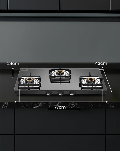 Sujata Gas Stove 3 Burner | Classic Gas Stove Manual Ignition | 9 Years Warranty | 3 Burner Gas Stove Glass Top | SABAF | ISI Certified | LPG & PNG Compatible With Jumbo Brass Burner (Black)