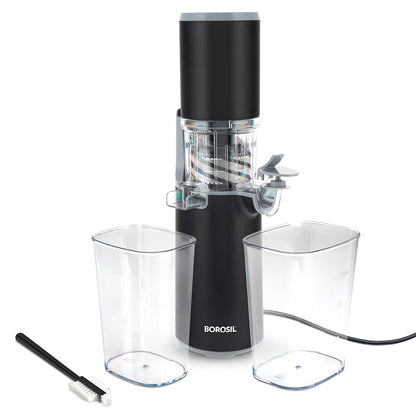 Borosil 130W Easy Cold Press Slow Juicer | Compact Design Portable Less Oxidation, Anti Drip Outlet Lid | Fruit & Vegetable Juicer | 1 Year Warranty | Black
