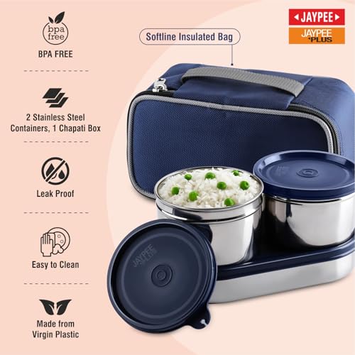 Jaypee Plus Basix Lunch Box for Office 1300 ml 3 Containers (1-450 ml, 2-400 ml) Air Tight Leakproof Stainless Steel Container with Bag | BPA Free | Easy to wash | Ideal for College & School, Blue|B0FSL7SYQD
