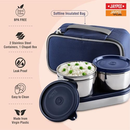 Jaypee Plus Basix Lunch Box for Office 1300 ml 3 Containers (1-450 ml, 2-400 ml) Air Tight Leakproof Stainless Steel Container with Bag | BPA Free | Easy to wash | Ideal for College & School, Blue|B0FSL7SYQD