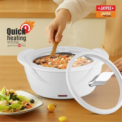 Jaypee Plus Power Serve Inner Stainless Steel Electric Casserole with Glass Lid, 1500 ml, Removable Steel Bowl for Easy Cleaning |Food Grade Serving Set |Ideal For Serving Warm Dish, White|B09MTV2QKB