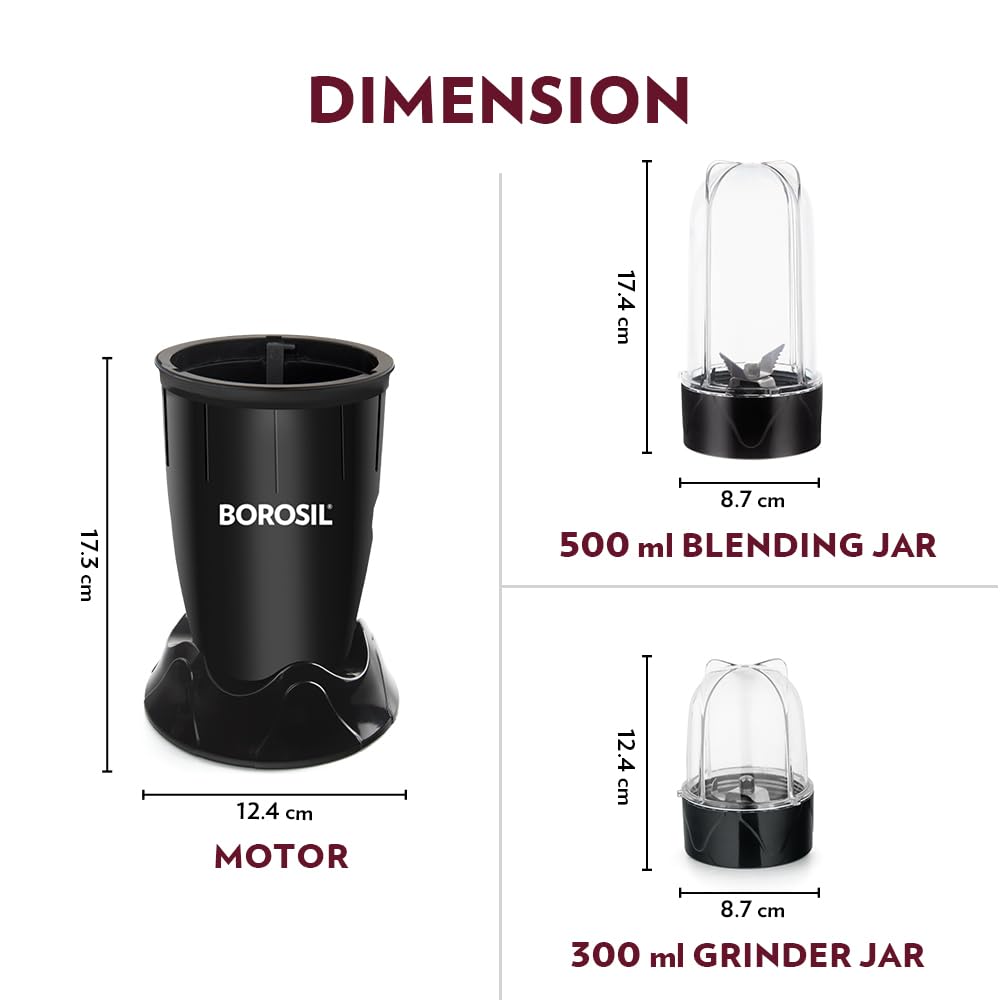 Borosil 400W Nutrifresh Black Blender | 2 Jars (500ml Direct Drink/Smoothie Jar + 300ml Chutney Jar) | Made in India Blender | Stainless Steel Blade, Compact Design | 2 Year Warranty