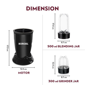 Borosil 400W Nutrifresh Black Blender | 2 Jars (500ml Direct Drink/Smoothie Jar + 300ml Chutney Jar) | Made in India Blender | Stainless Steel Blade, Compact Design | 2 Year Warranty