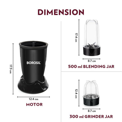 Borosil 400W Nutrifresh Black Blender | 2 Jars (500ml Direct Drink/Smoothie Jar + 300ml Chutney Jar) | Made in India Blender | Stainless Steel Blade, Compact Design | 2 Year Warranty