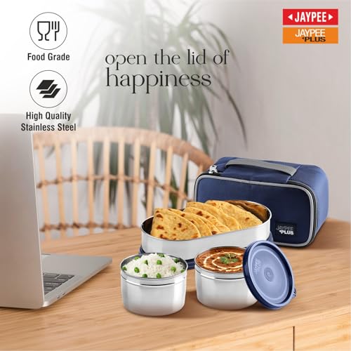 Jaypee Plus Basix Lunch Box for Office 1300 ml 3 Containers (1-450 ml, 2-400 ml) Air Tight Leakproof Stainless Steel Container with Bag | BPA Free | Easy to wash | Ideal for College & School, Blue|B0FSL7SYQD